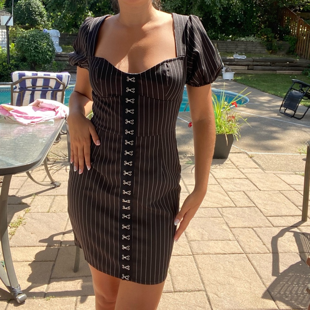 PLT black and white gothic puff sleeve midi dress